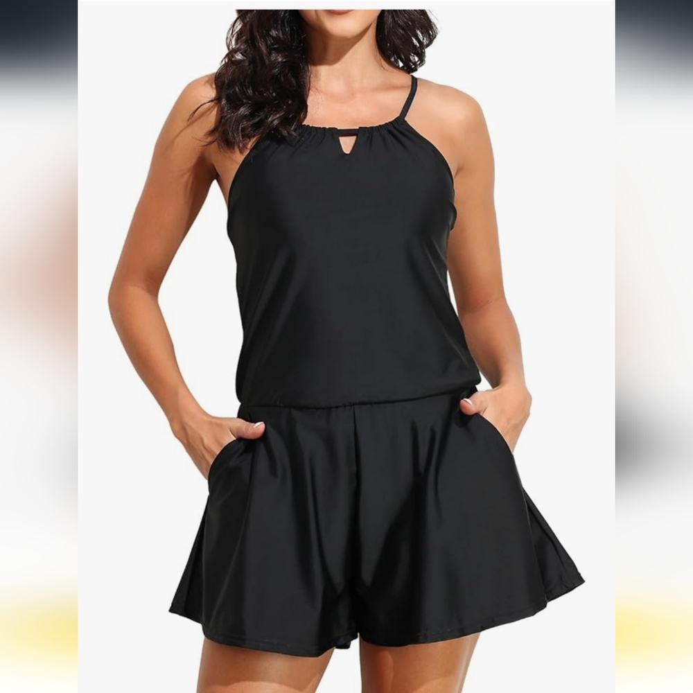 Smismivo Shorts Modest One Piece Romper Swimsuit- Jumpsuit w/pockets Size M